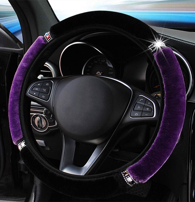 LABBYWAY Plush Steering Wheel Cover with Bling Bling Crystal Rhinestone, Universal 15 Inch Elastic Fluffy Steering Wheel Accessories for Women Girls, Purple - Image 3